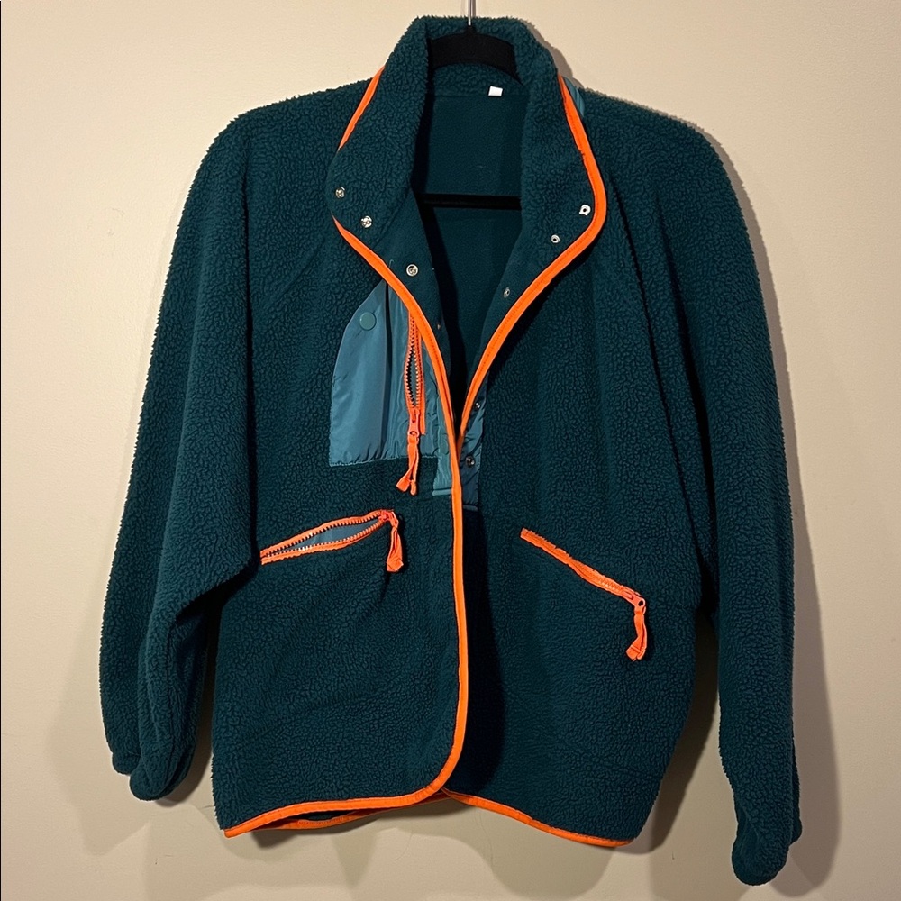 Teal Fleece Jacket with Orange Accents